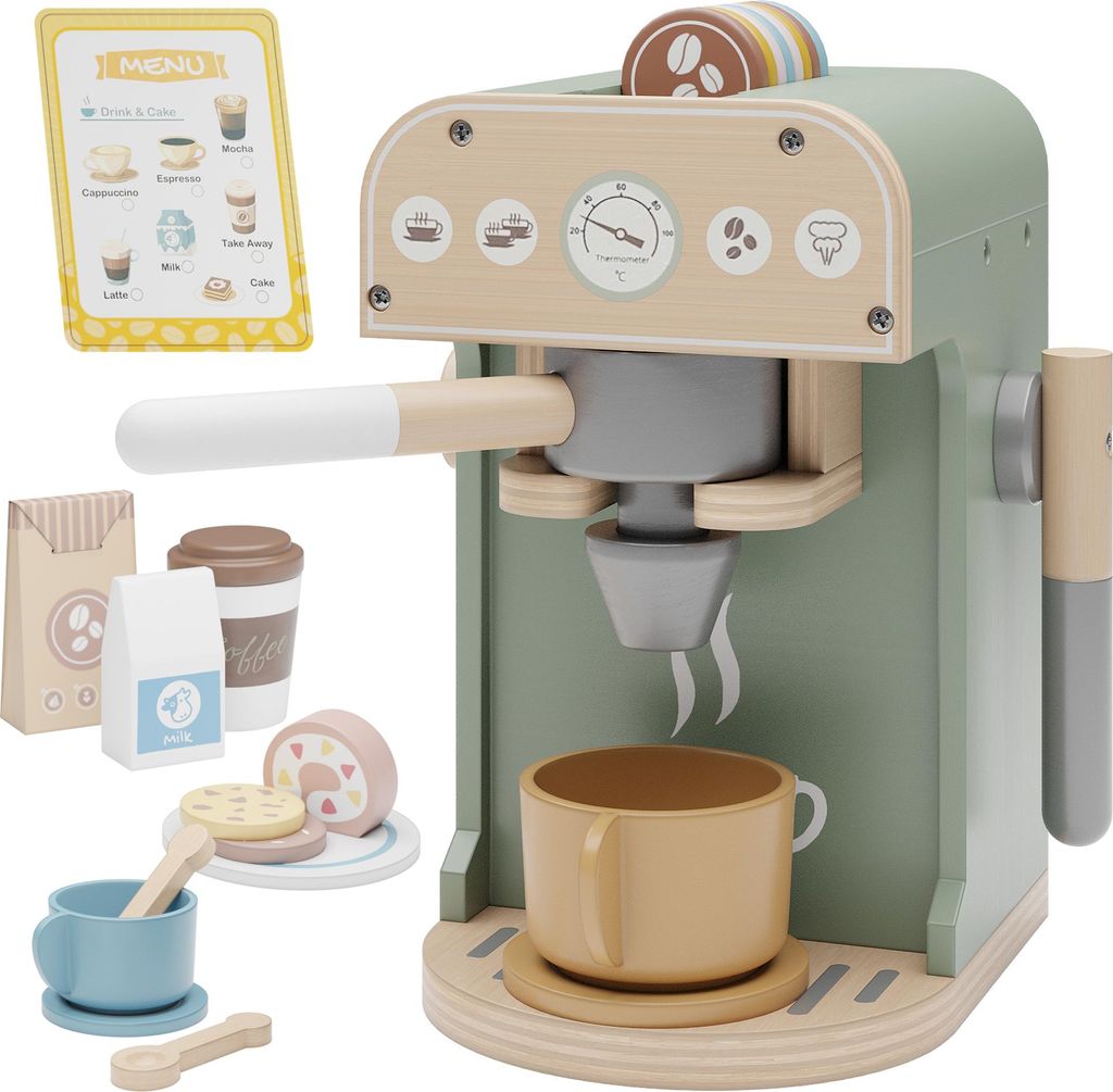 Björn&Schiller Holz Kaffeemaschine Kinder – buntes Spielzeug mit 25 Teilen, kindersicher, robust und langlebig, für Kinder ab 3 Jahren