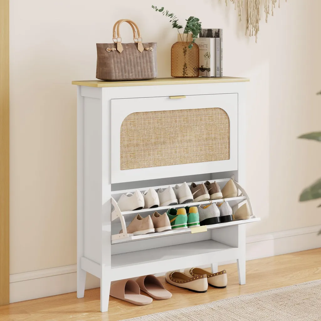 Armoire à chaussures étroite 4 portes en rotin blanc pour 20 paires