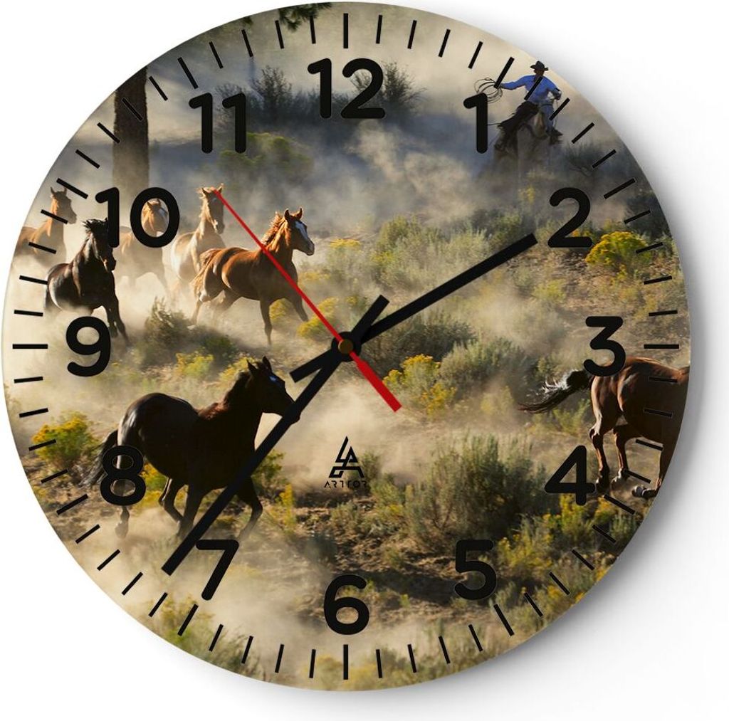 Wanduhr - Rund - Glasuhr - Cowboy Cowgirl Pferd - 30x30cm - Schleichendes Uhrwerk - Lautlos - zum Aufhängen bereit - Dekoration Modern - Wanddekor...
