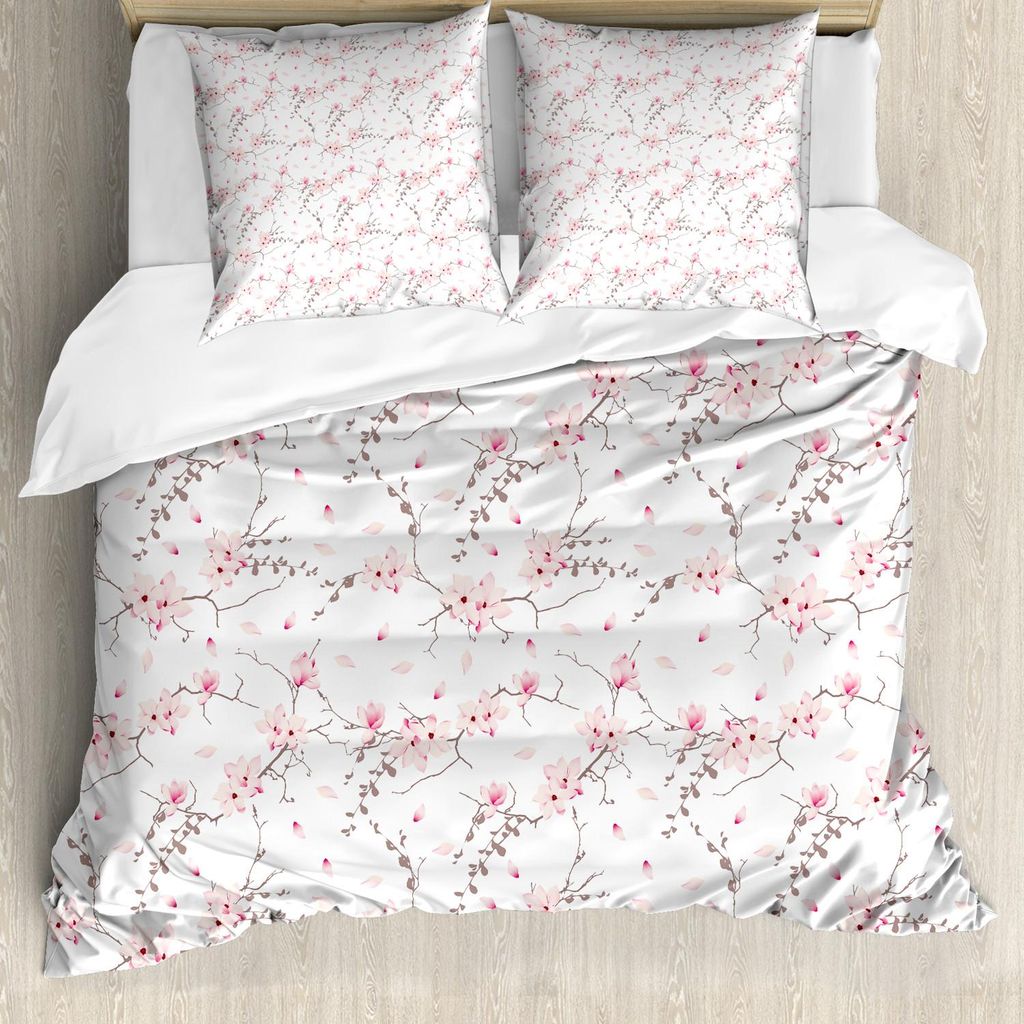 ABAKUHAUS Blumen Bettbezug Set, Magnolia Flowers auf Niederlassungen und fallenden Pinkish Flower Petals Pattern, 200 x 200 cm + 80 x 80 cm, Pale P...