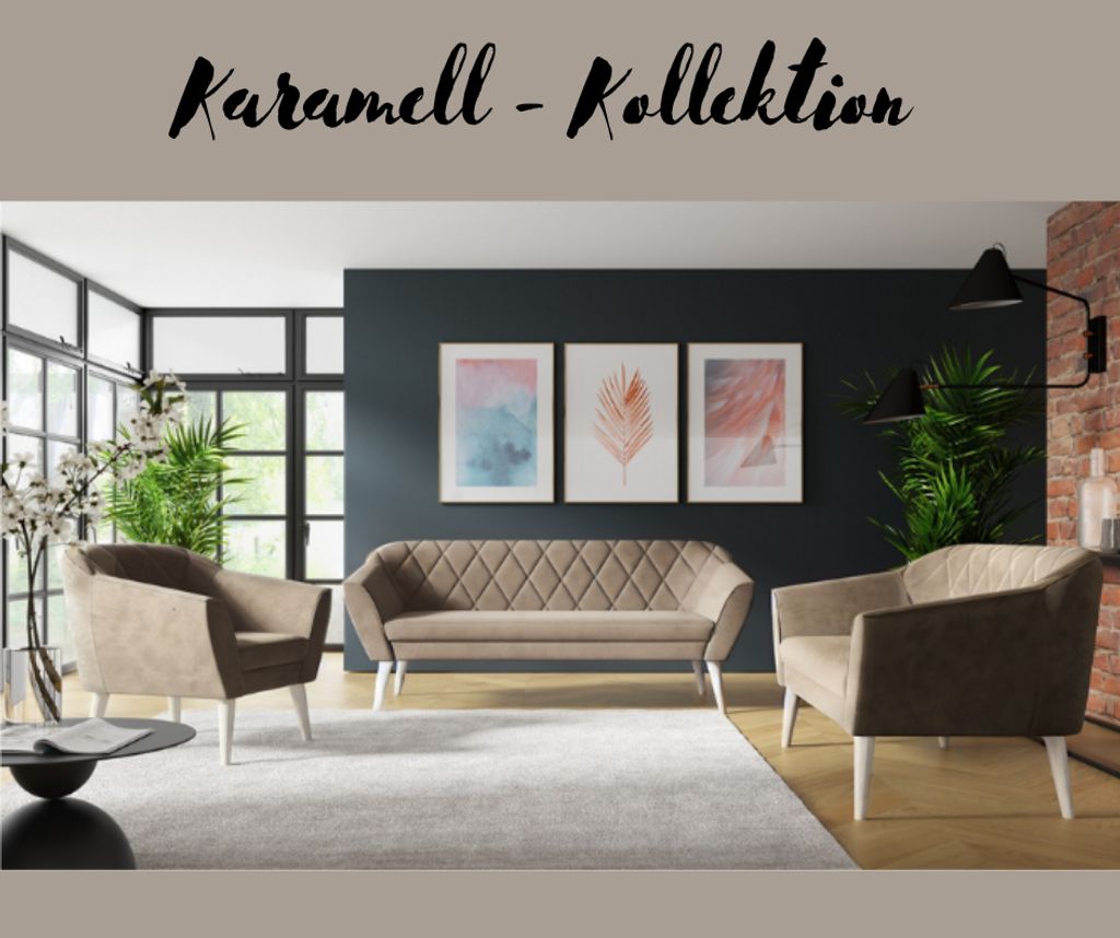 A living room setting with a couch and two armchairs, featuring artwork on the wall and large windows.