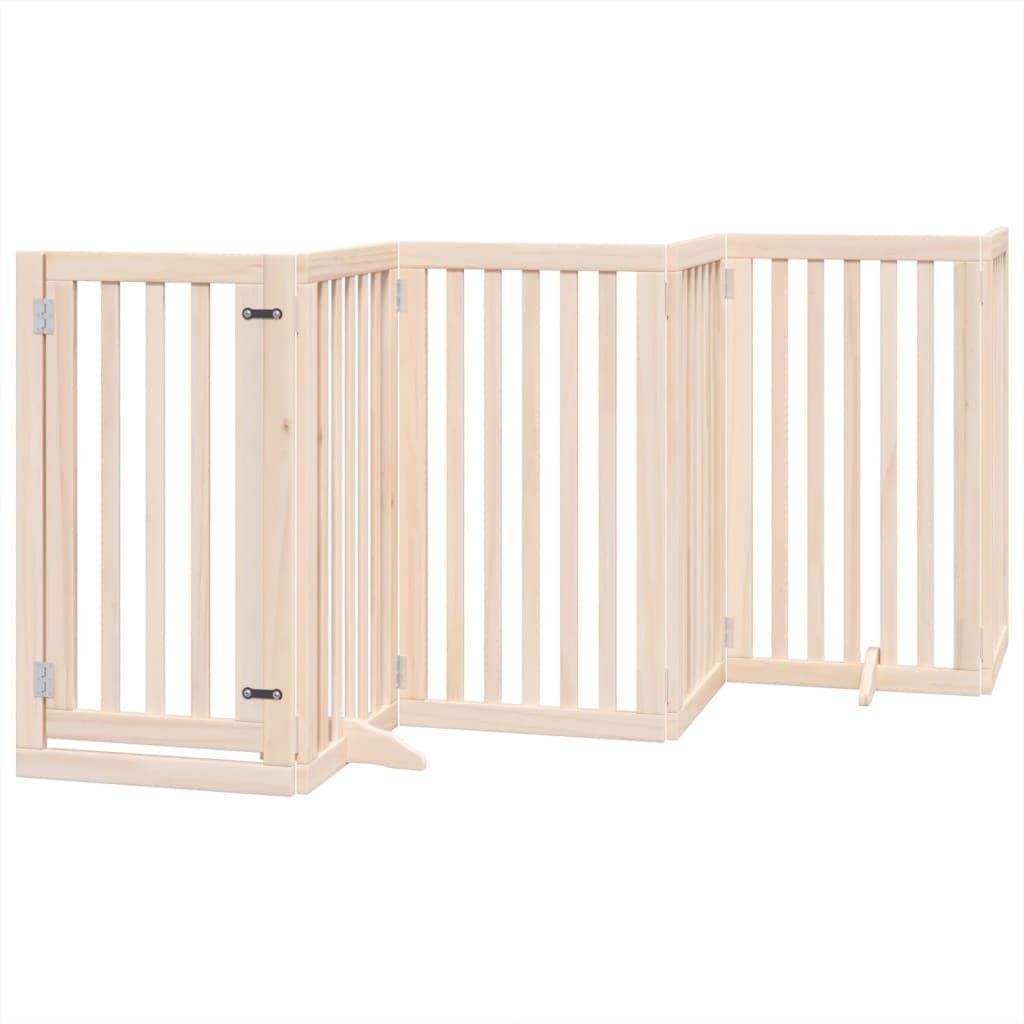 A light-colored wooden pet gate is shown against a white background.