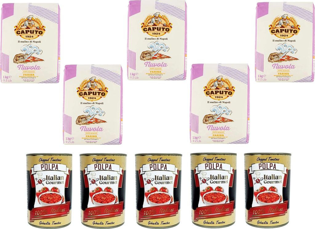 Farina Molino Caputo Nuvola Pizza Napoli Pizzamehl für leichten teig 5x 1kg und Italian Gourmet Polpa di pomodoro Fein gehacktes Tomatenmark 5x 400g