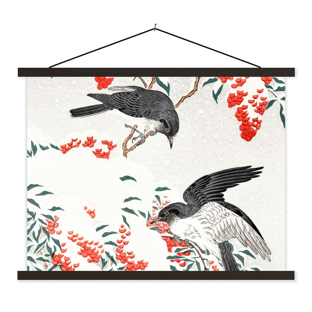 MuchoWow Textilposter Beere - Vögel - Japan - Schwalbe 120x90 cm mit schwarzem Rahmen - Aufhänger für Poster