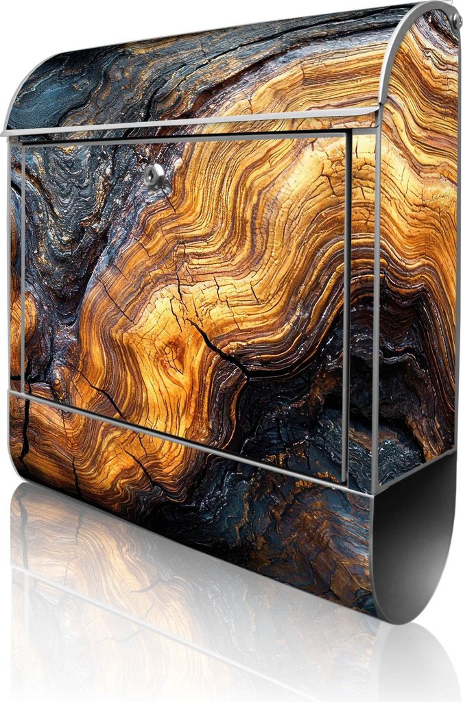 banjado Design Briefkasten Stahl silber mit Zeitungsfach pulverbeschichtet "Holz Gemasert Fluss Gold" 38x46x12,5cm & 2 Schlüssel - Postkasten A4 E...