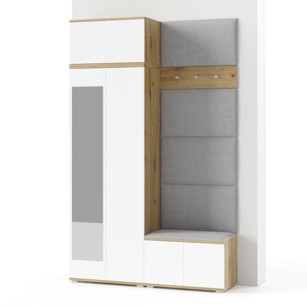 Garderoben-Set Aura Version 3:Kleiderschrank mit Polsterpaneelen, Schuhschrank, Hängeschrank Eingangsbereich (weiß/Artisan-Eiche /Trinity 14)