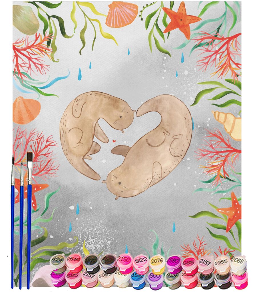 Mr. & Mrs. Panda Malen nach Zahlen Otter Herz 40 x 50 cm Ohne Rahmen - Grau Pastell - Geschenk, DIY, Leinwand, malset, Liebe, Hochzeitstag, set, Za...