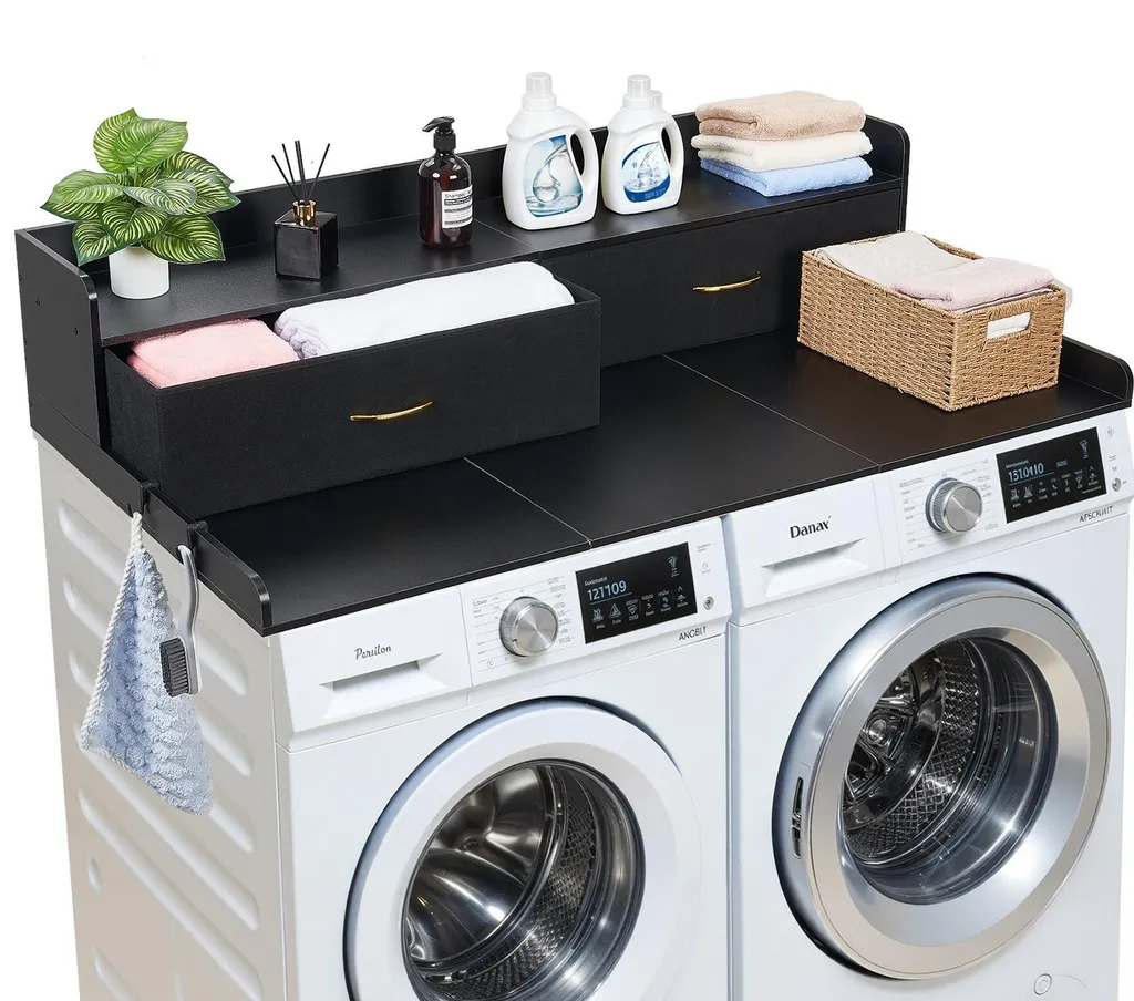 Plan de travail lave-linge 137x70cm avec 2 tiroirs et étagère - Noir