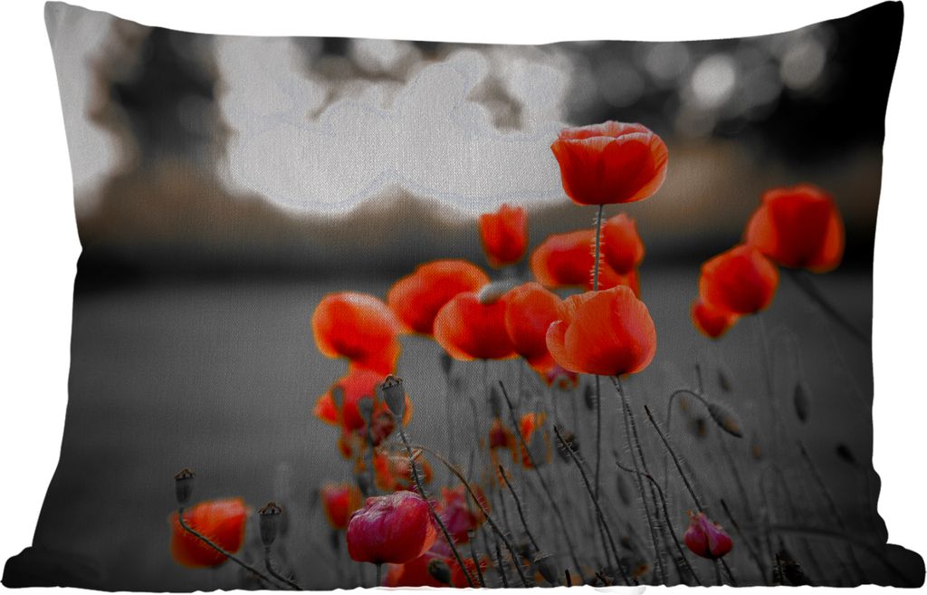 MuchoWow Outdoor Kissen - Wilde rote Mohnblumen auf einem großen Feld mit schwarzem und weißem Hintergrund - 50x30 cm - Wetterfest - Lounge Kis...