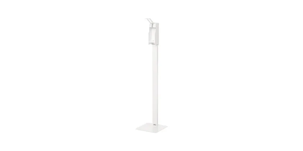 Distributeur désinfectant robuste en métal blanc avec socle stable