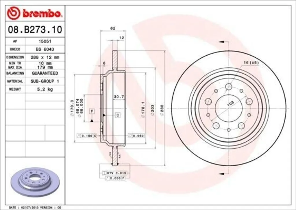 Disque de frein haute performance Brembo 08.B273.10 anticorrosion