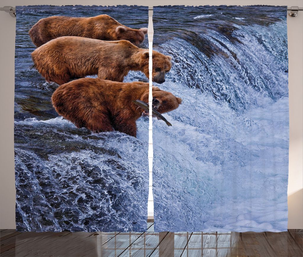 ABAKUHAUS Tier Rustikaler Gardine, Wilder Bär Fisch Natur, Schlafzimmer Kräuselband Vorhang mit Schlaufen und Haken, 280 x 175 cm, Braun weiß
