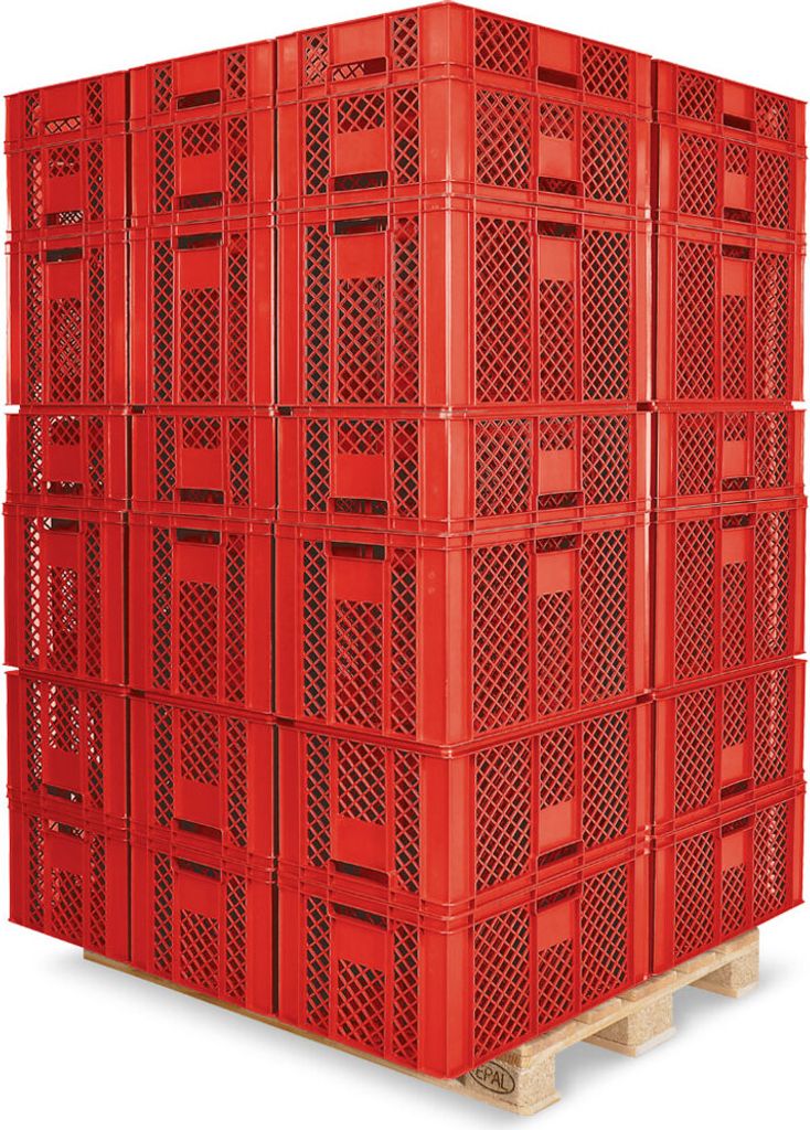1 Palette / 78 Stück Stapelkörbe/Bäckerkästen in 5 Größen, Grundmaß LxB 600 x 400 mm, H 90 mm, 150 mm, 240 mm, 320 mm, 410 mm, Farbe rot