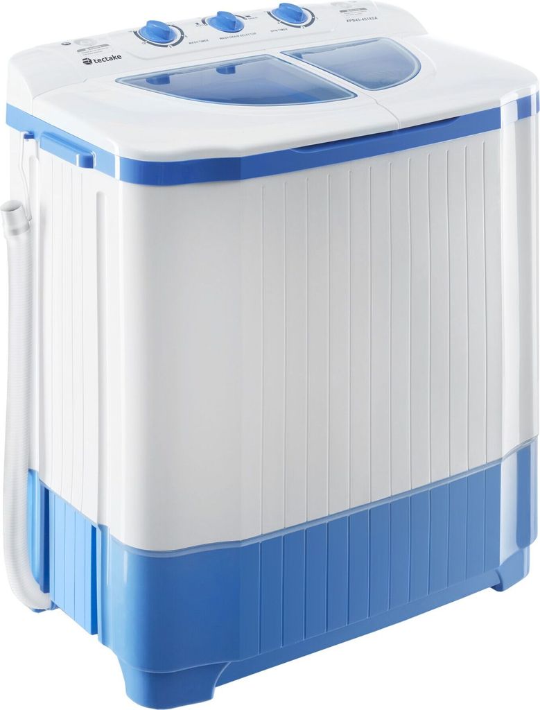 A white and blue mini washing machine with two chambers.