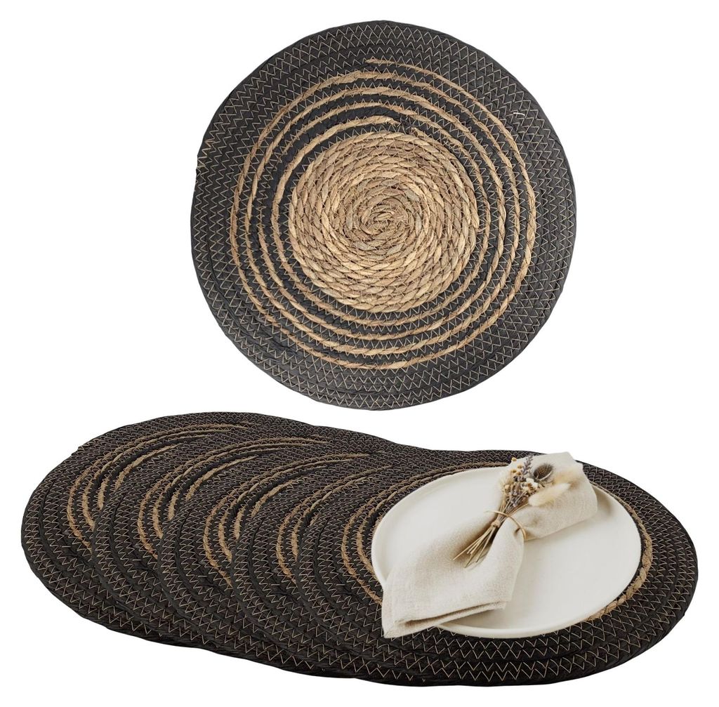 Platzmatten Bast Boho Rund, Platzsets Esstisch 36cm, Geflochtene Dekorationsunterlage Tischdeko Seegras, Bunter Spiral-Farbverlauf Black Anthrazit ...