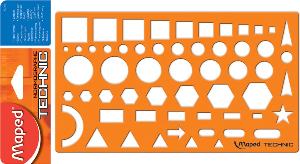 An orange drawing stencil with various geometric shapes cut out, placed on a white background. A portion of the product packaging is visible on the left.