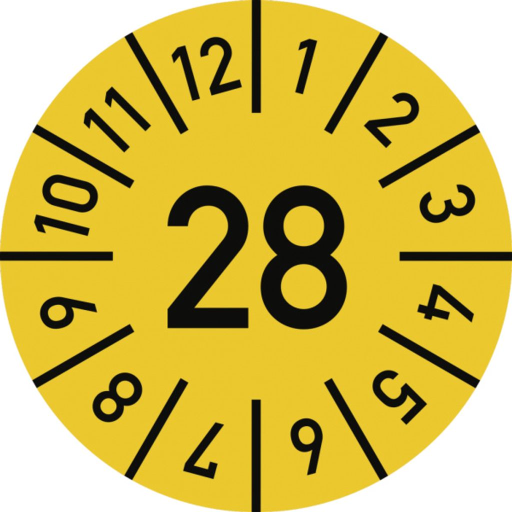 Dreifke Prüfplakette Jahr 28 mit Monaten, gelb, Folie, Ø 30 mm, 10 Stück/Bogen