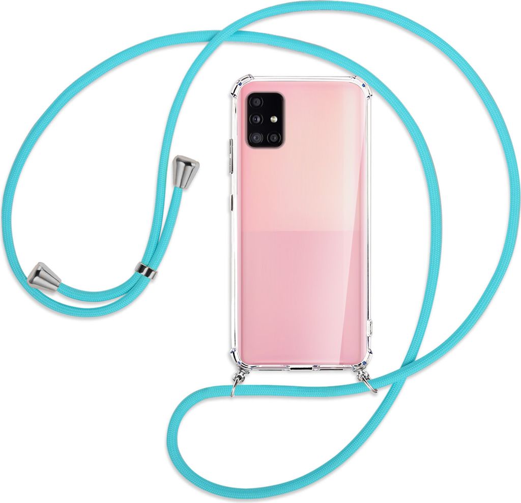 Handykette Backcover-Schutzhülle mit Band (Metall silberfarben) für Samsung Galaxy A51 5G (A516) - türkis