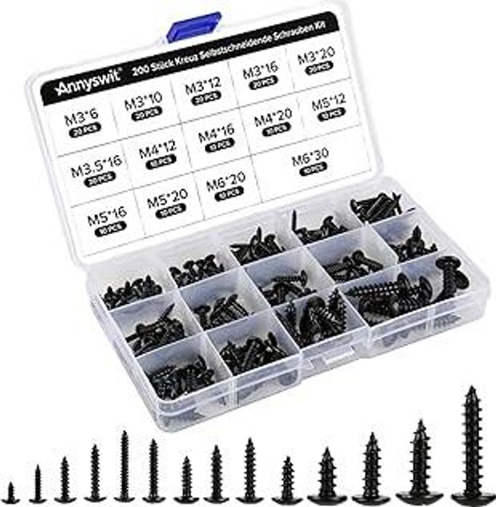 Annyswit 200 Stück Schwarz Kreuz Blechschrauben Sortiment, M3 M3.5 M4 M5 M6 Kleine Selbstschneidende Schraubenset, Kohlenstoffstahl Screws, Blechs...
