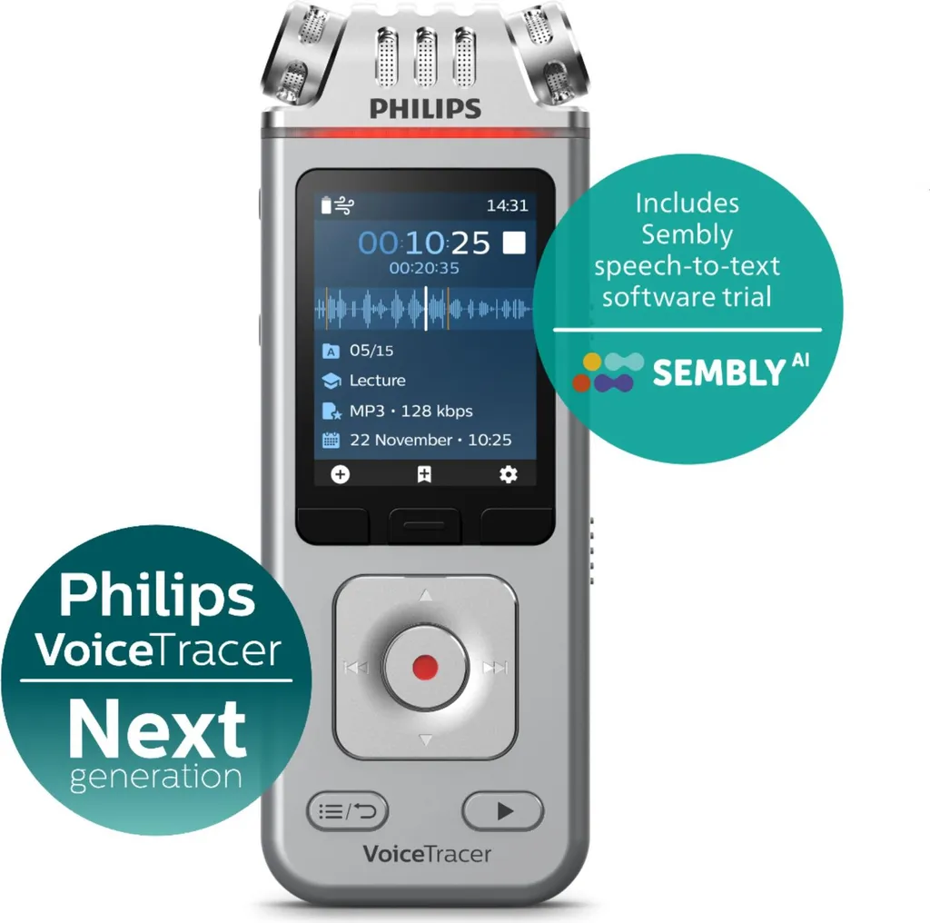 Dictaphone Philips DVT4115 avec Triple Micro et Écran Couleur Argenté