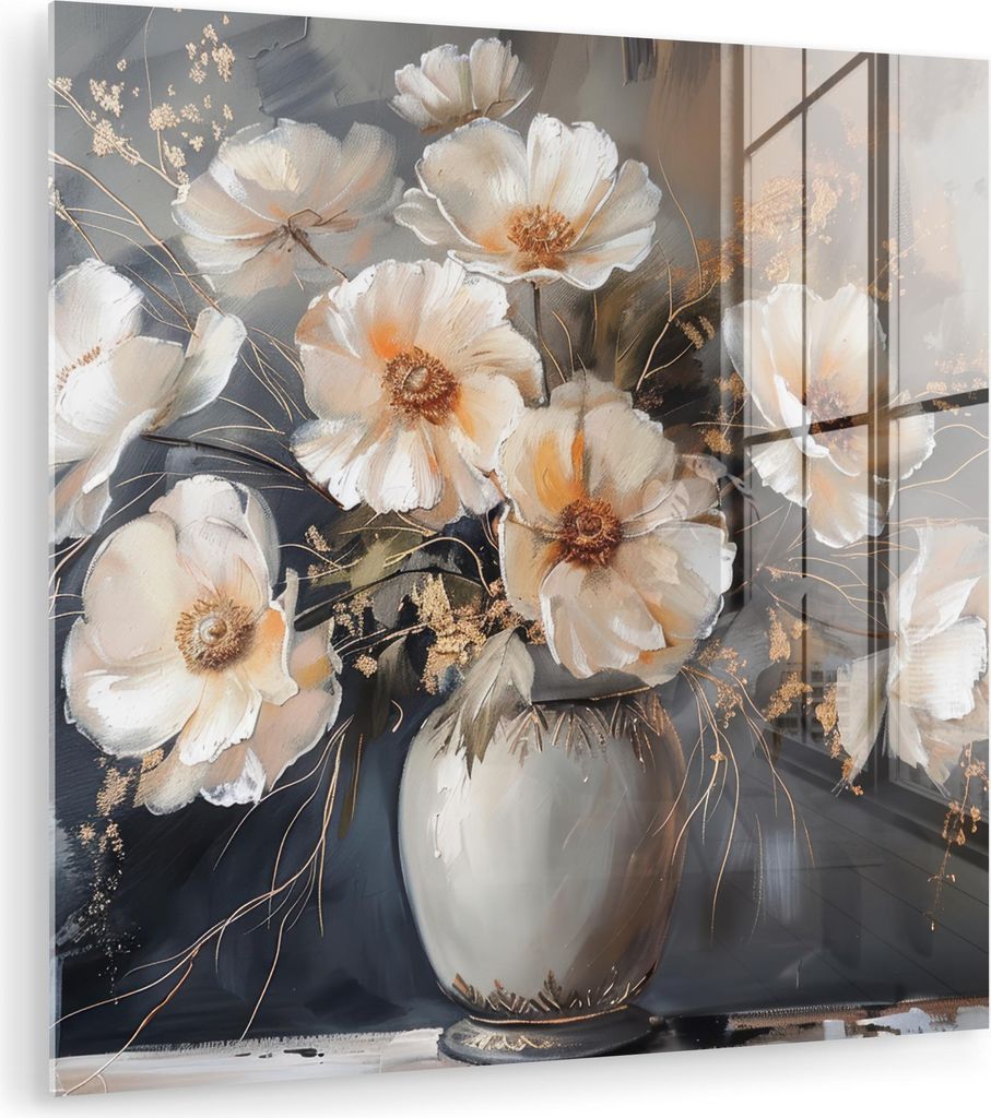 MuchoWow Glasbilder - Bilder auf Wandbild - Foto auf Glas Blumen - Weiß - Vase - Modern 90x90 cm Wanddekoration aus Glas - Acrylglasbild - Acrylbi...