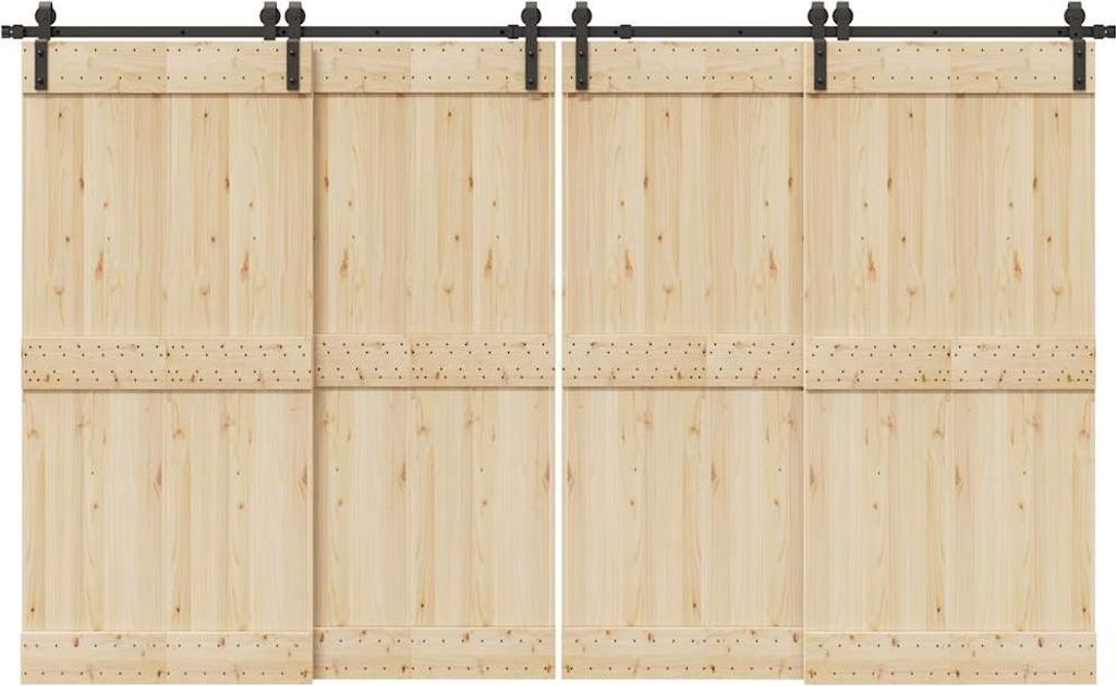 Two sets of sliding barn doors mounted on a black rail system against a white background.