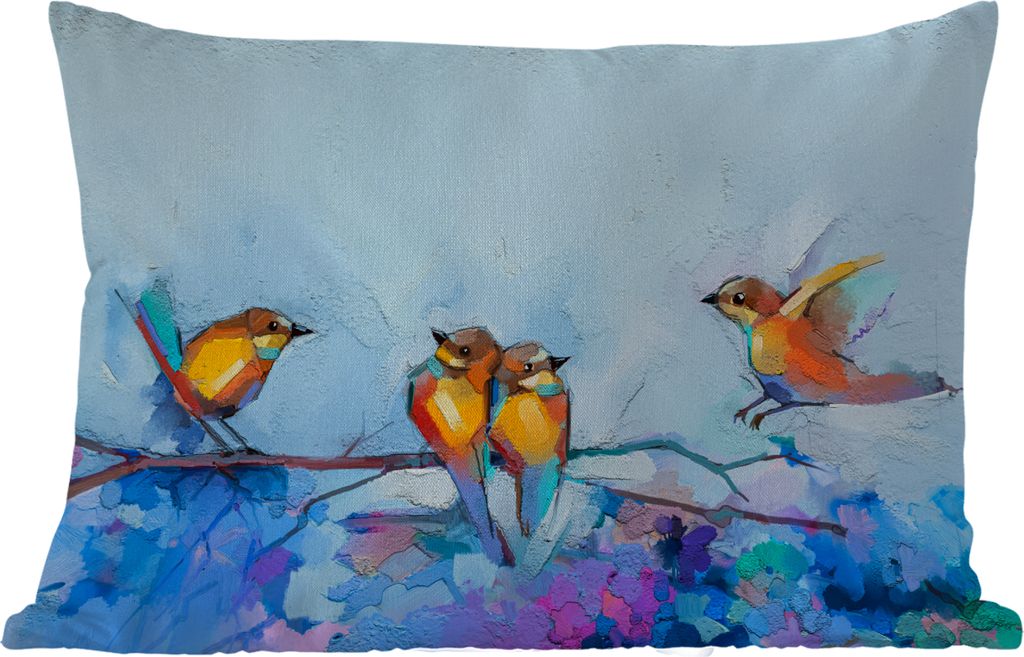MuchoWow Outdoor Kissen - Gemälde - Ölfarbe - Vogel - Zweig - 60x40 cm - Wetterfest - Lounge Kissen - Zierkissen - Kissen für Innenräume