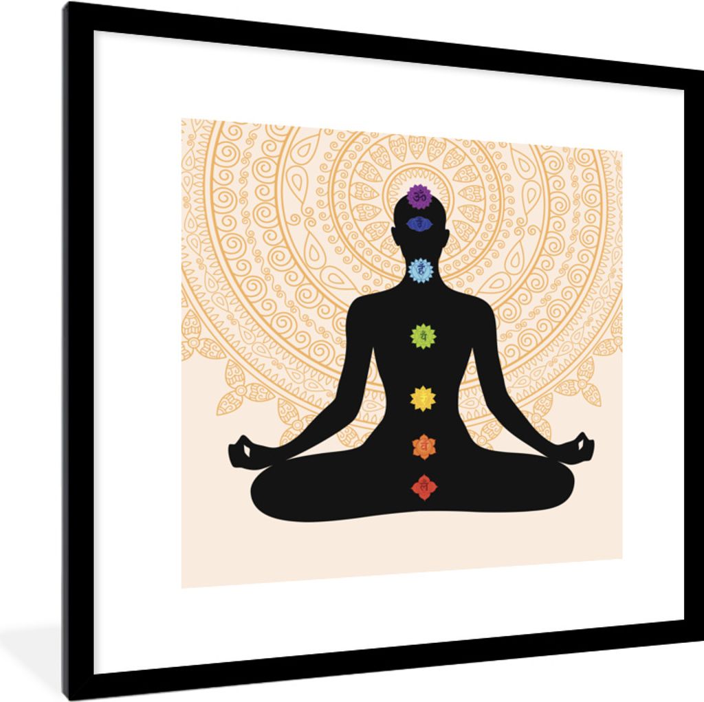 MuchoWow MuchoWow Gerahmtes Poster Sieben Chakren auf einer meditierenden Silhouette 40x40 cm - Poster mit zchwarzem Bilderrahmen - Poster - Pl...