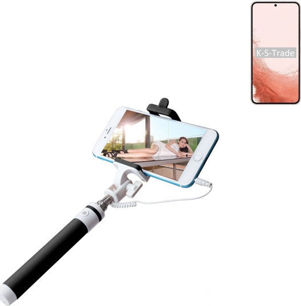 K-S-Trade Selfie Stick kompatibel mit Samsung Galaxy S22 Exynos Selfiestick kabelgebunden Monopod mit Kabel Stab Stange Selfportrait Handheldstick