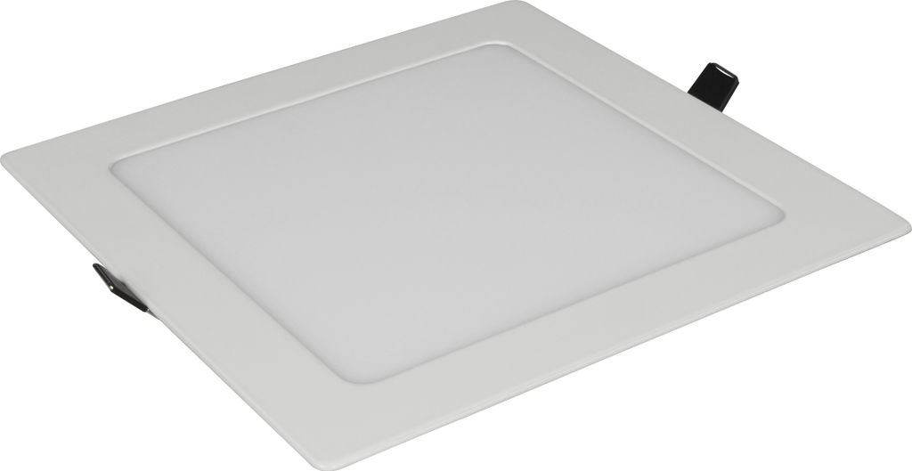 A square LED panel light is shown from a slightly elevated angle against a white background.