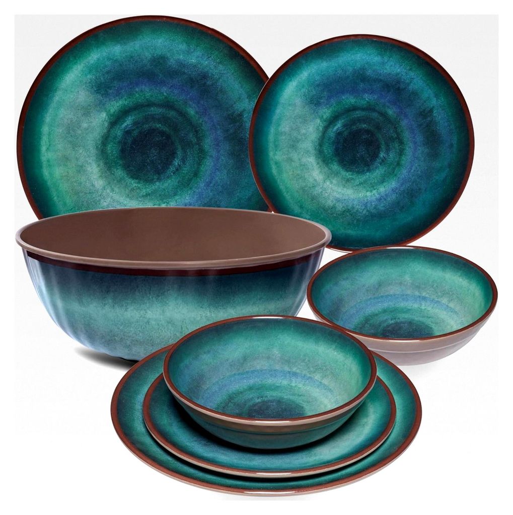 Melamin Geschirr Set Jesolo Grün für 2 Personen in Steingutoptik, spülmaschinengeeignet - Essgeschirr für Camping und Picknick