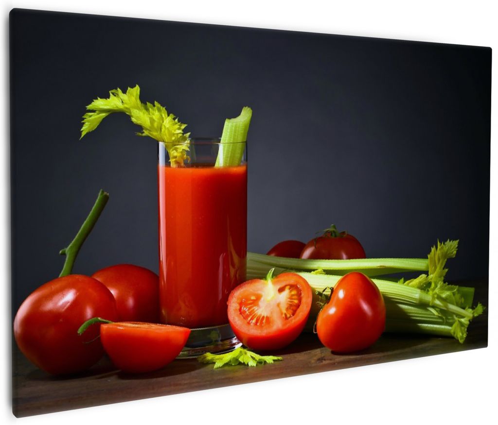 Wallario Premium Leinwandbild Frischer Tomatensaft mit Sellerie in Größe 60 x 90 cm