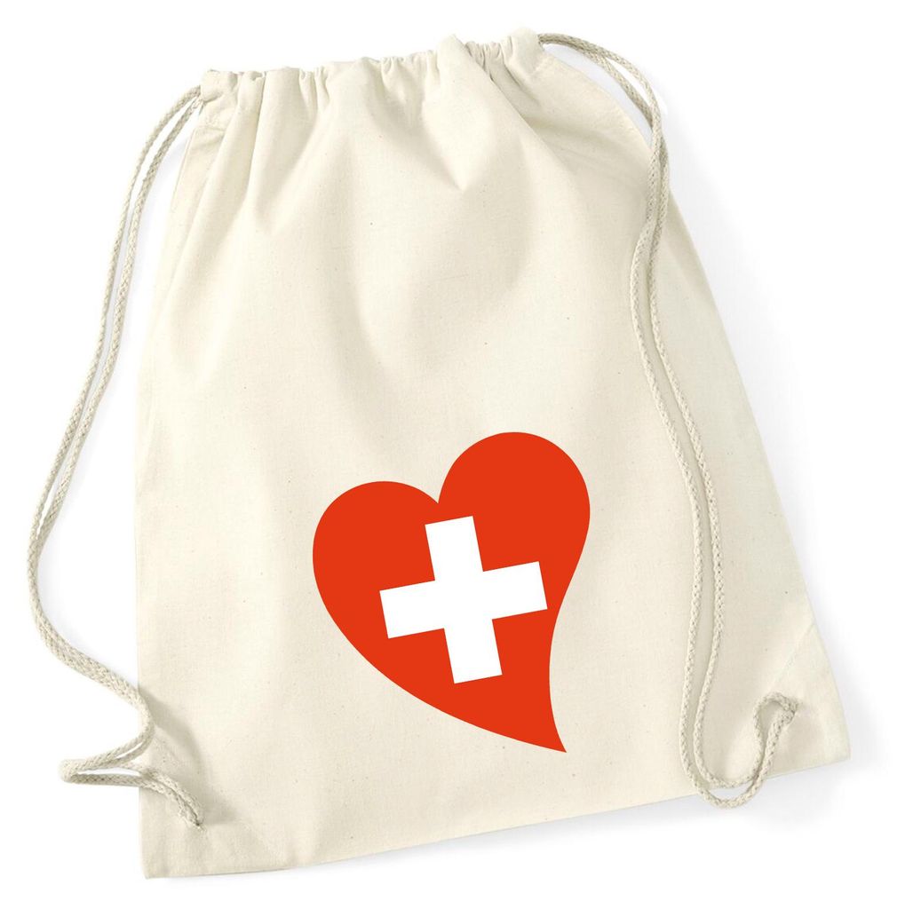 Huuraa Turnbeutel Schweiz Flagge Herz 12 Liter Natural Baumwolle Rucksack Geschenkidee