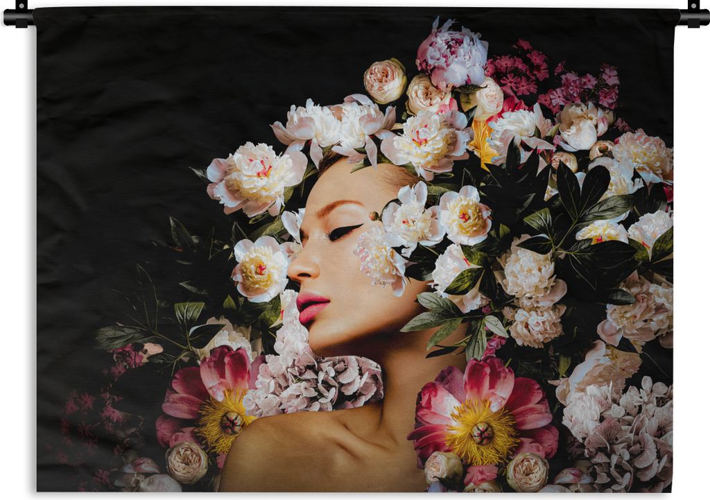 MuchoWow Wandteppich Wandbehang Frauen - Blumen - Rosen - Porträt 60x45 cm Tapisserie Dekoration Wandtuch - Das Schlafzimmer