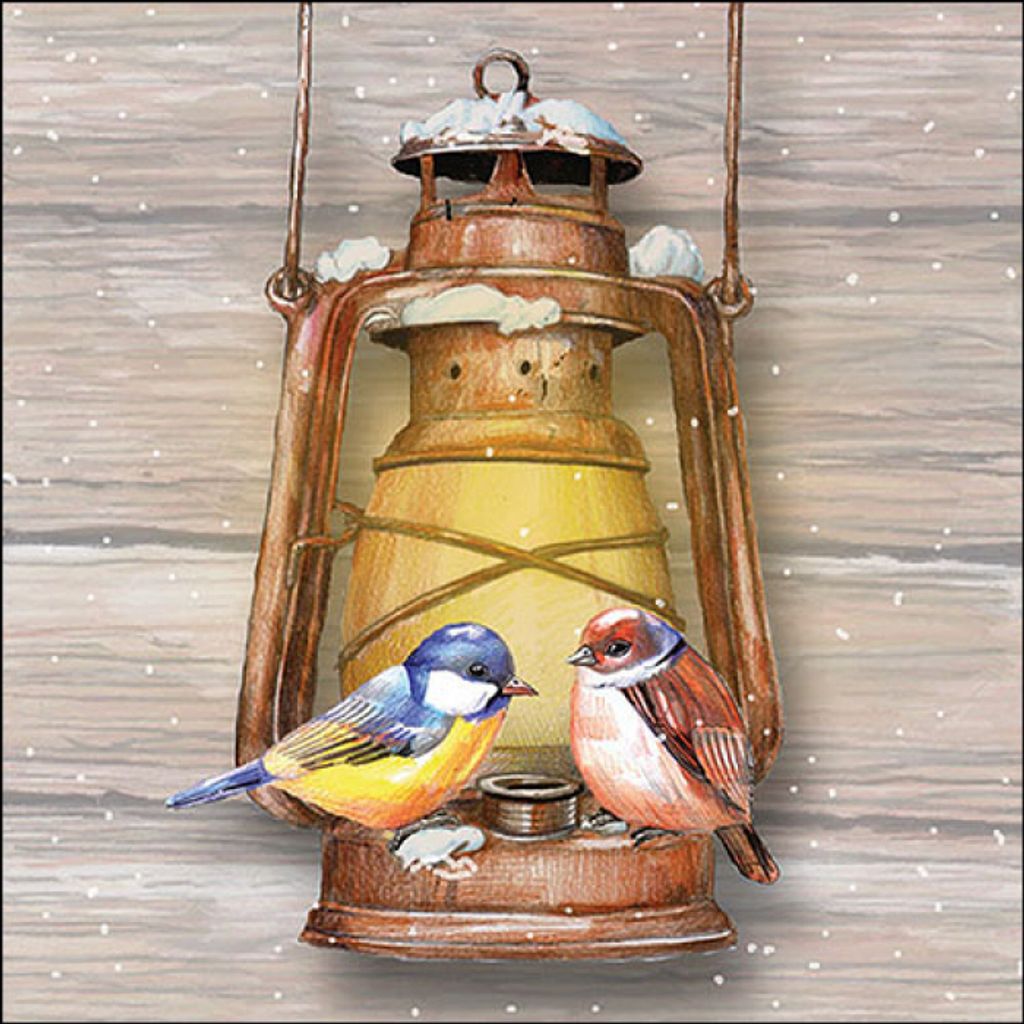 RP 20 Servietten Birds on Lamp - Zwei Vögel an Winterlaterne 33x33cm