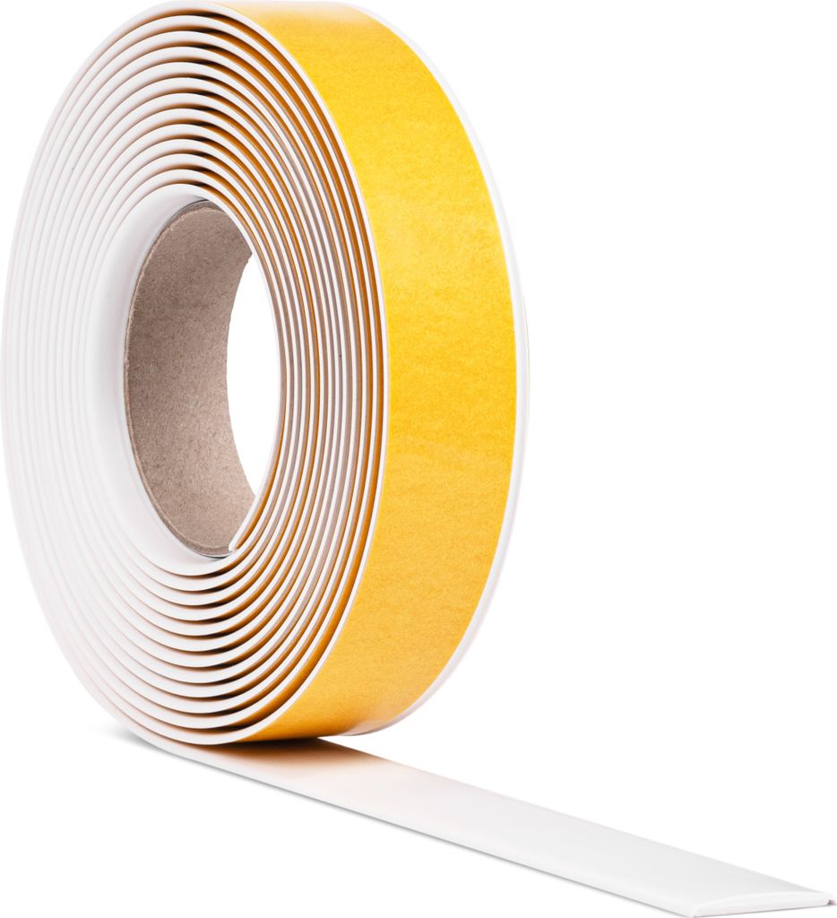 A roll of white, self-adhesive foam tape with a yellow protective backing.