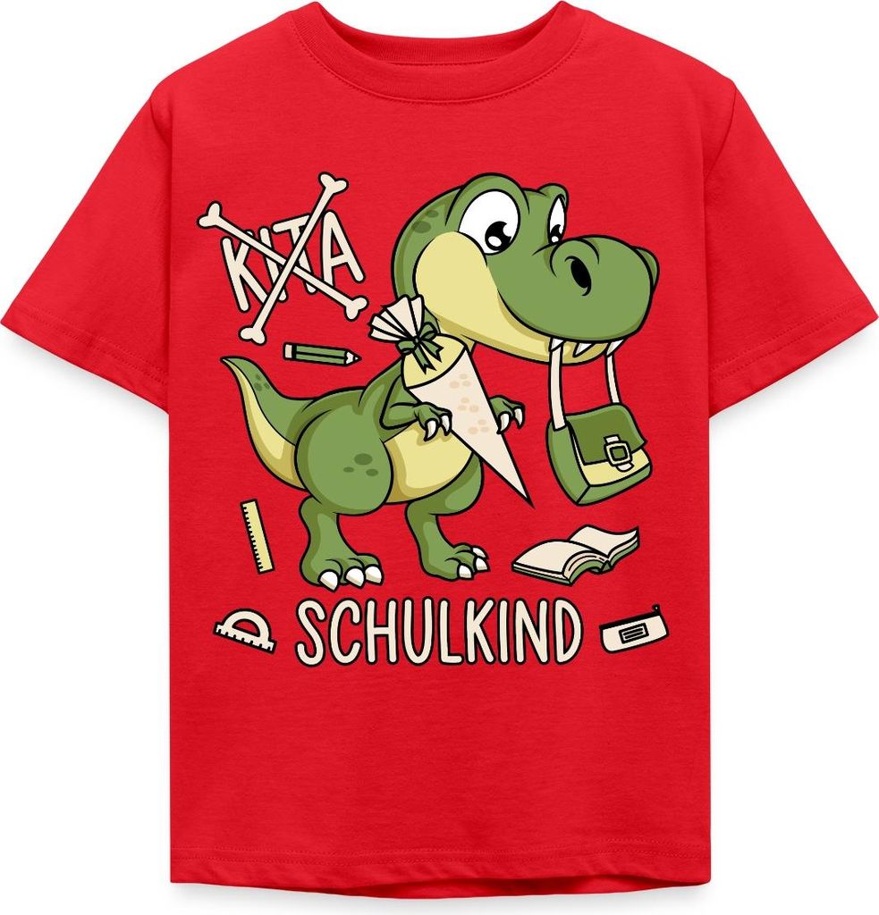 Spreadshirt Einschulung Schulkind 2025 Dinosaurier Dino Kinder T-Shirt, 98/104 (3-4 Jahre), Rot