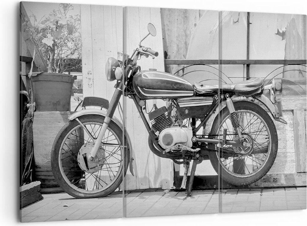 Bild auf Leinwand - Leinwandbild - 3 Teile - Alt Motorrad Schwarz und Weiß - 105x70cm - Wand Bild - Wanddeko - Wandbilder - Leinwanddruck - Bilder...