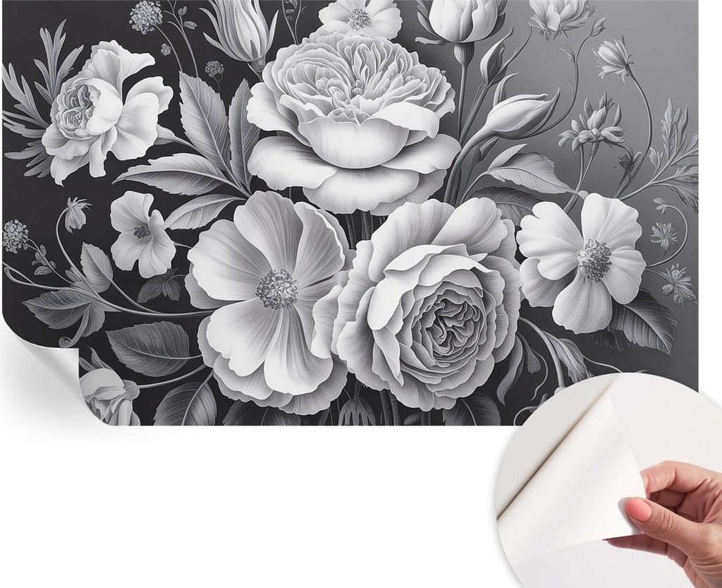 Selbstklebende Wandtapete - Dekorative Tapete für Wohnzimmer - Klebefolie für Wandbilder - Tapetenfolie für Wanddekoration - 416x254 - Graue Blumen