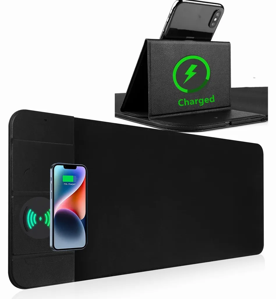 Tapis de souris gaming avec chargeur sans fil Qi 15W et support pliable