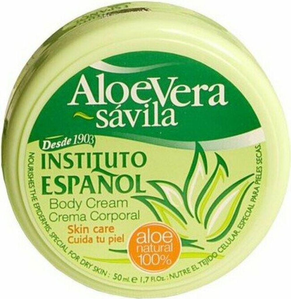 A close-up of a round container of body cream with aloe vera branding.