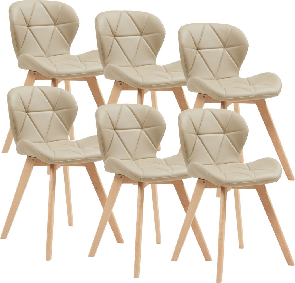 A set of six beige dining chairs with wooden legs, arranged in two rows.