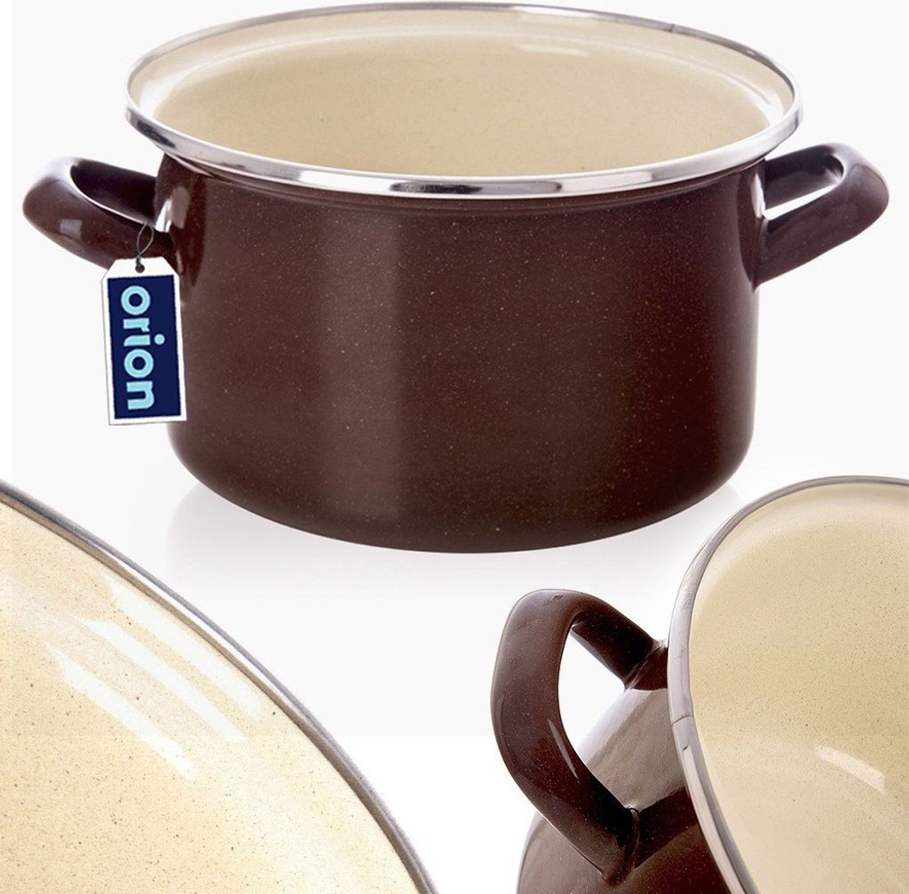 A brown enamel pot with beige interior and silver rim, shown from the front with a tag attached to one handle.
