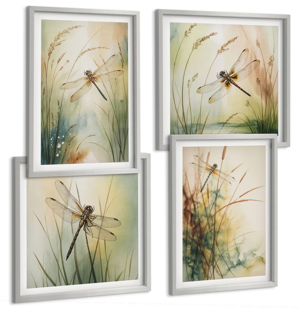 Bilder Set 4-teilig im silbergerahmten Rahmen – Wandbilder 4 Stück – gerahmte Poster für Wohnzimmer, Schlafzimmer und Flur – 50x50 cm - 40x...