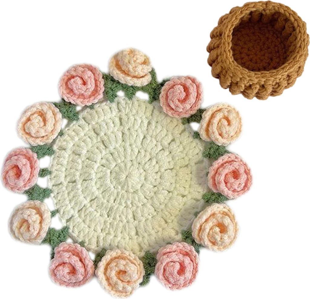Handgemachte Gehäkelte Blumenuntersetzer, Vintage Rosenblumenstrauß, Untersetzer, einzigartiges Couchtisch-Dekor-Zubehör