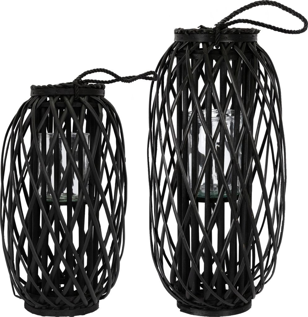 ECD Germany 2er Set Laterne Ried 50&60cm mit Henkel Schwarz Flechtoptik Rattan Windlicht mit Glaseinsatz Retro-Laterne Handgeflochtene Gartenlaterne