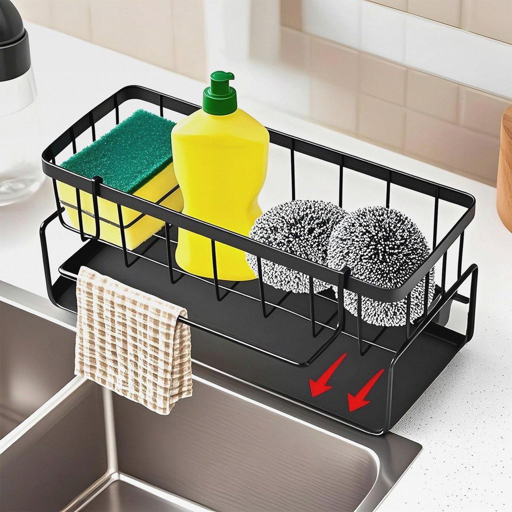Spüle Küchen Organizer, Spülbecken Organizer Schwarz, Schwammhalter Spüllappenhalter, Küchen Organizer Spüle mit Abtropfschale, Badezimmer Sp...