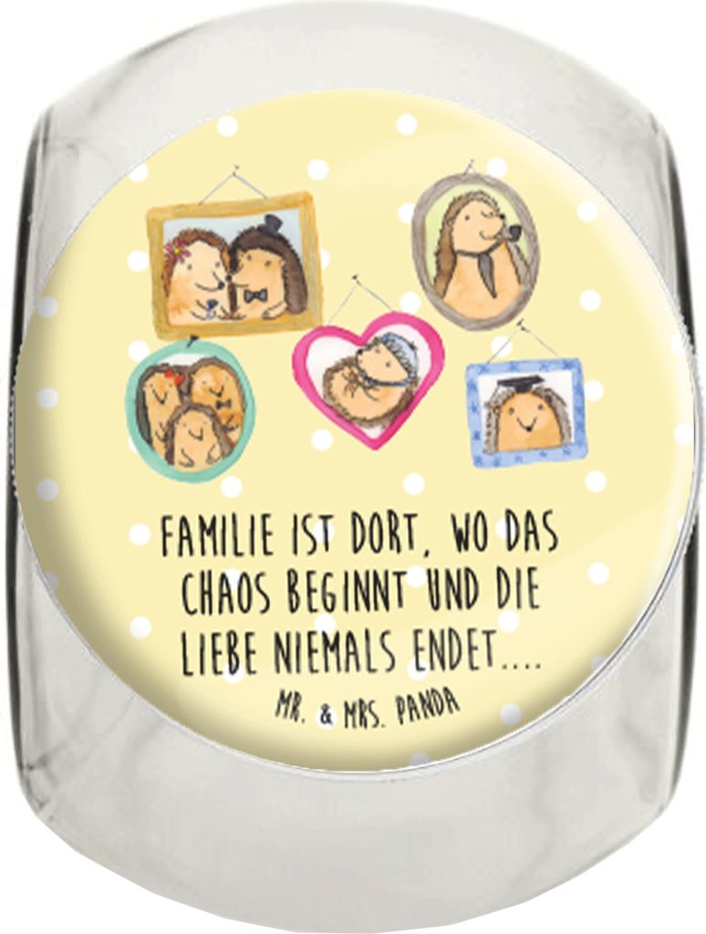 Mr. & Mrs. Panda Bonboniere Igel Familie XL 2000ml - Gelb Pastell - Geschenk, Bilder, Teedose, Liebe, glasbehälter, Kaffeedose, Bonbonglas, aufbew...