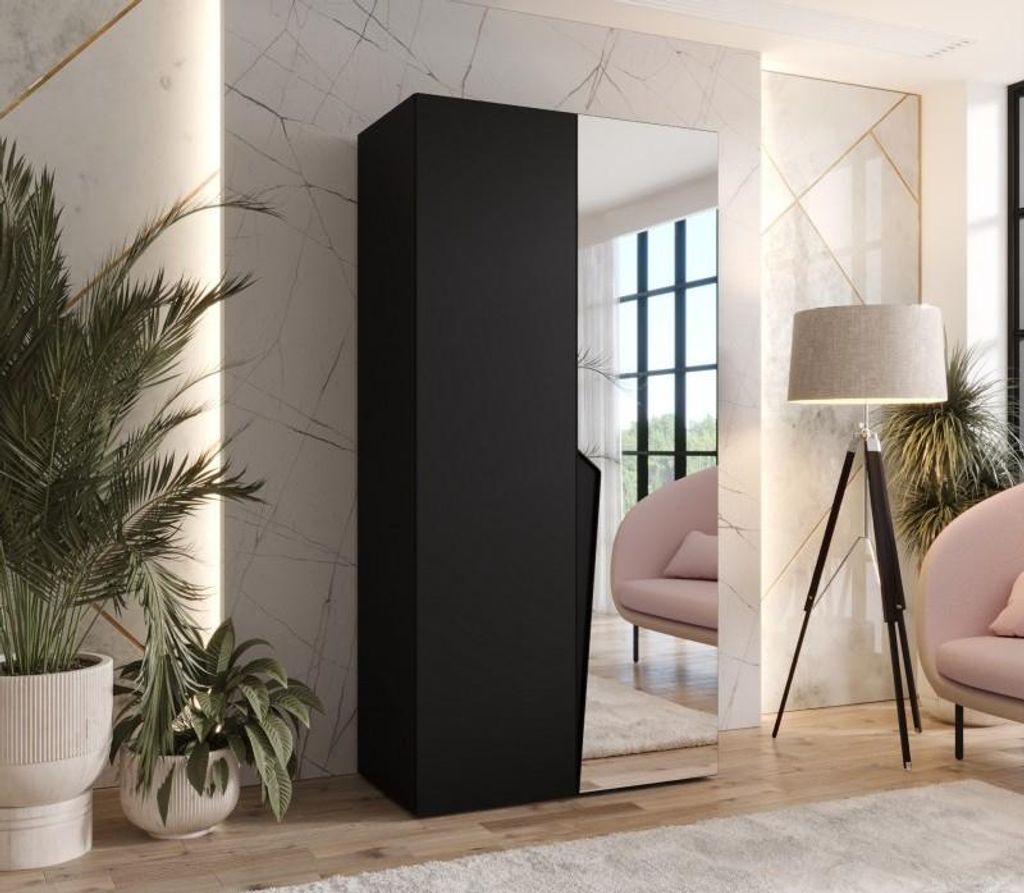 Kleiderschrank mit Spiegel, 100 cm, SORAYA 2 – schwarz / schwarzer Griff