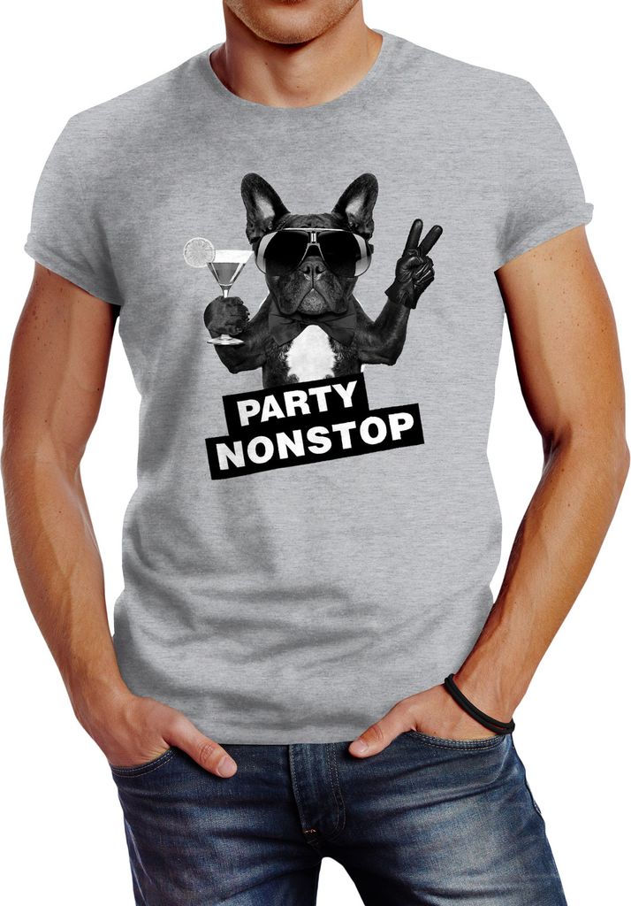 Herren T-Shirt Party Nonstop Mops French Bulldog Slim Fit Neverless grau XL